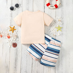 Boys Apricot Printed Short Sleeves T-shirt with Striped Shorts Set