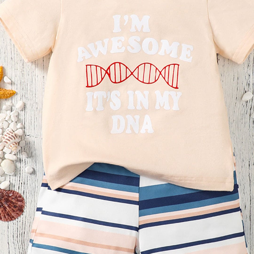 Boys Apricot Printed Short Sleeves T-shirt with Striped Shorts Set