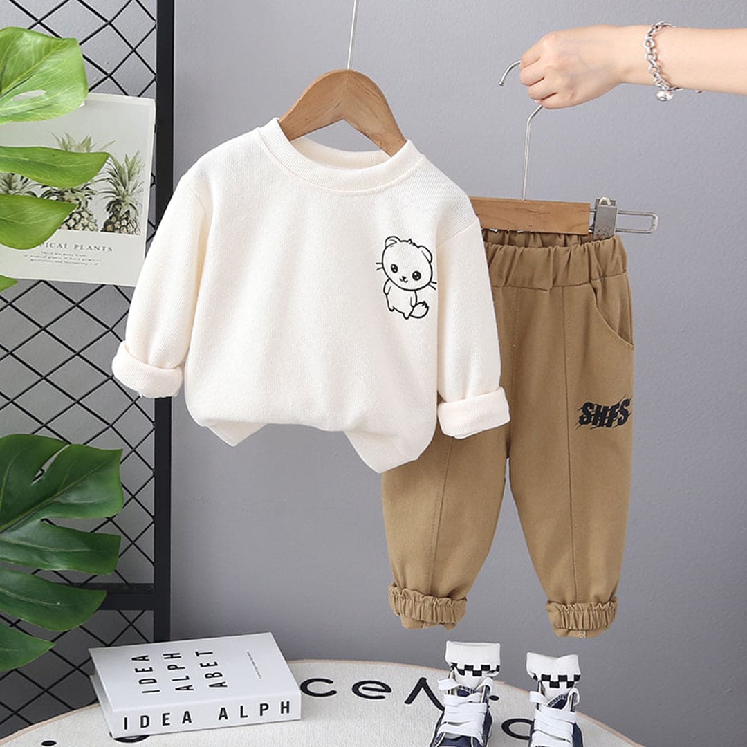 Boys Beige Cartoon Print Sweatshirt With Trouser Set