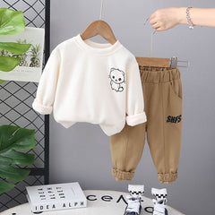 Boys Beige Cartoon Print Sweatshirt With Trouser Set