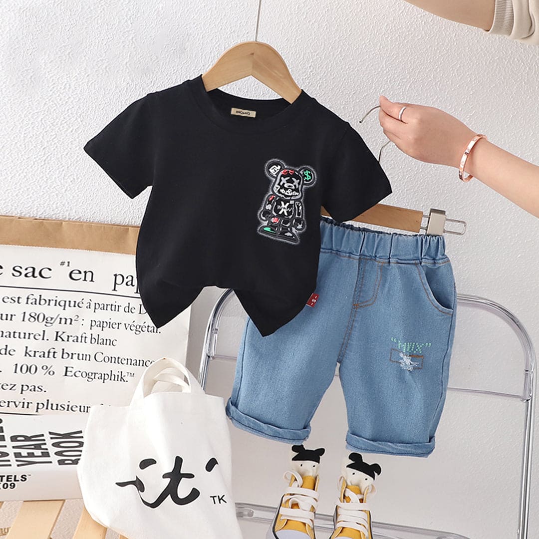 Boys Black Graphic Print Short Sleeves T-shirt with Shorts Set