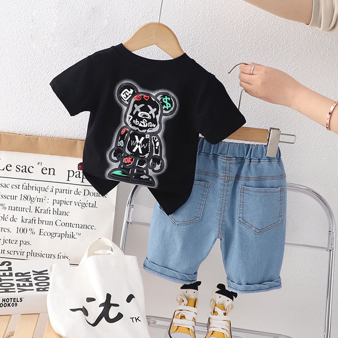 Boys Black Graphic Print Short Sleeves T-shirt with Shorts Set