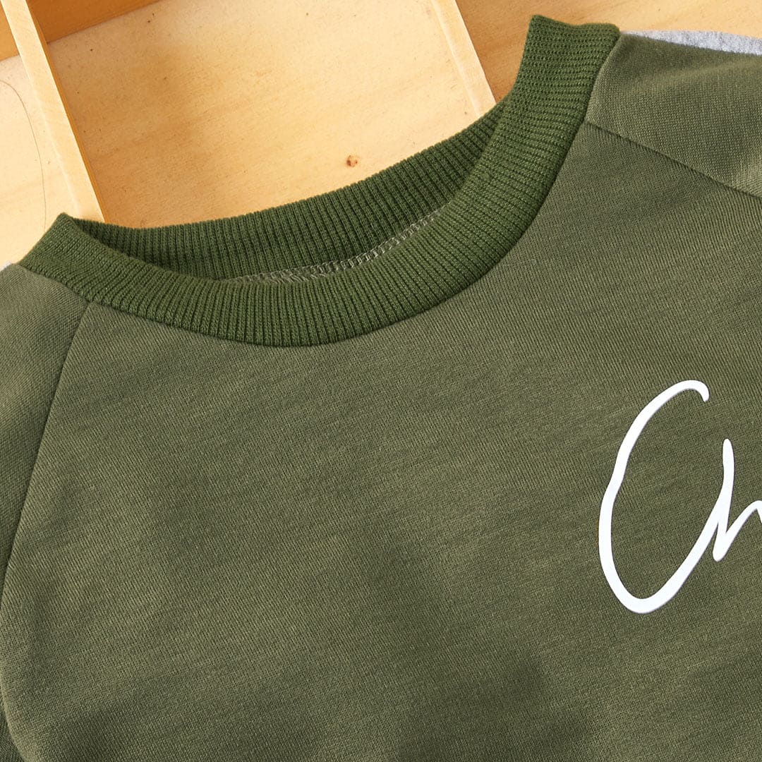 Boys Army Green Raglan Sleeve Sweatshirt With Pants Set