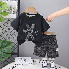 Boys Black Camouflage Print Short Sleeves T-shirt with Shorts Set