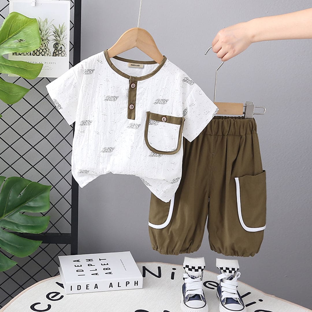 Boys Army Green Printed Short Sleeves T-shirt with Trouser Set