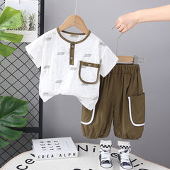 Boys Army Green Printed Short Sleeves T-shirt with Trouser Set