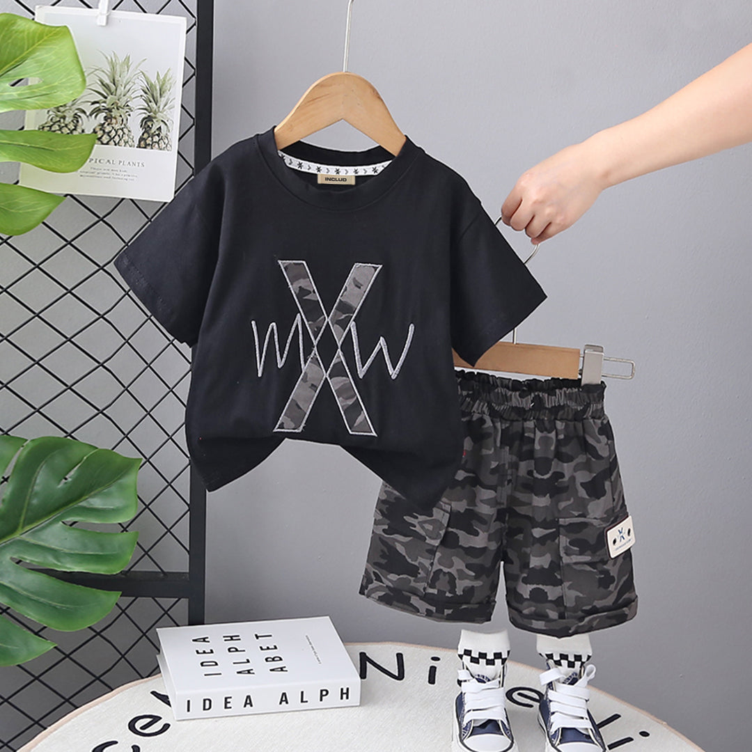 Boys Black T-shirt With Camouflage Print Shorts Set