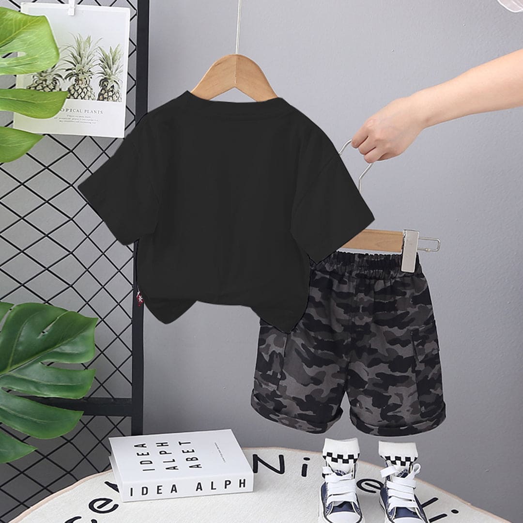 Boys Black T-shirt With Camouflage Print Shorts Set