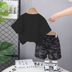 Boys Black T-shirt With Camouflage Print Shorts Set