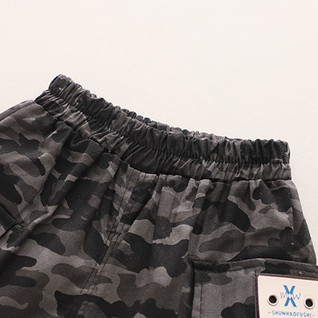 Boys Black T-shirt With Camouflage Print Shorts Set