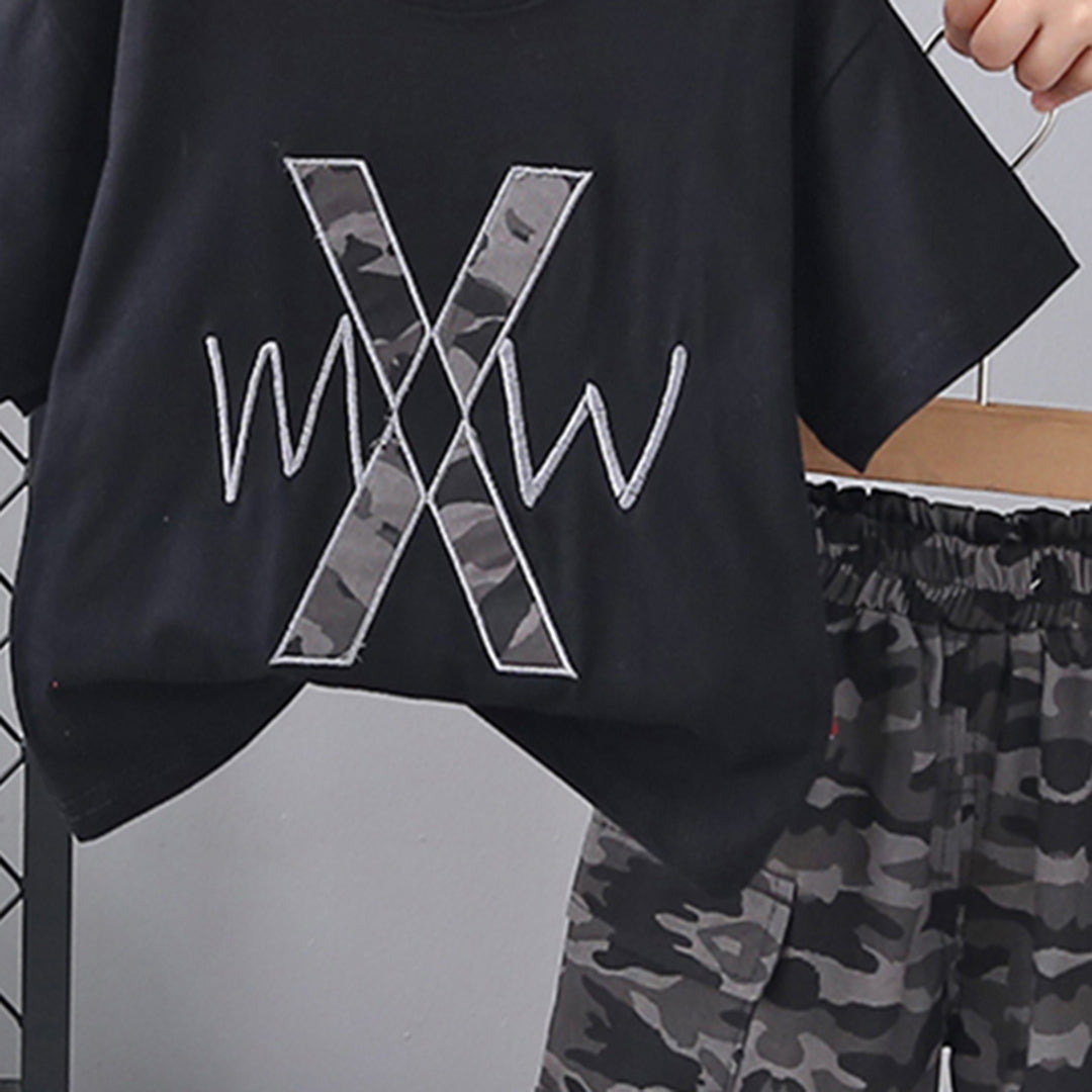 Boys Black T-shirt With Camouflage Print Shorts Set