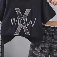 Boys Black T-shirt With Camouflage Print Shorts Set